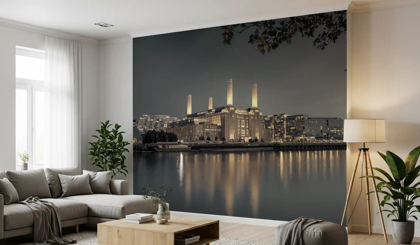 Evening cityscape wall mural with glowing London architecture