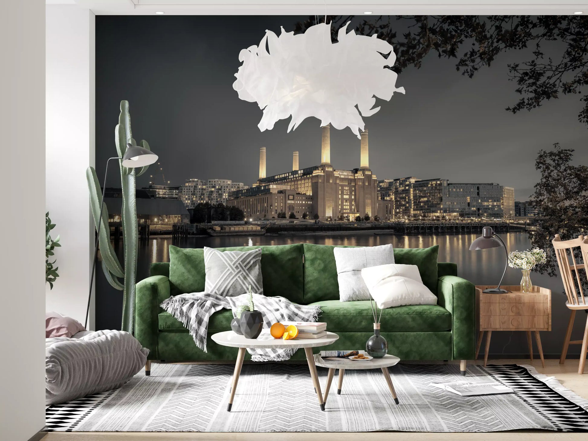 Architectural wall mural with glowing London skyline details