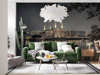 Architectural wall mural with glowing London skyline details