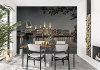 Historic London wall mural featuring illuminated city views