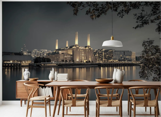Illuminated London landmark wall mural with evening skyline