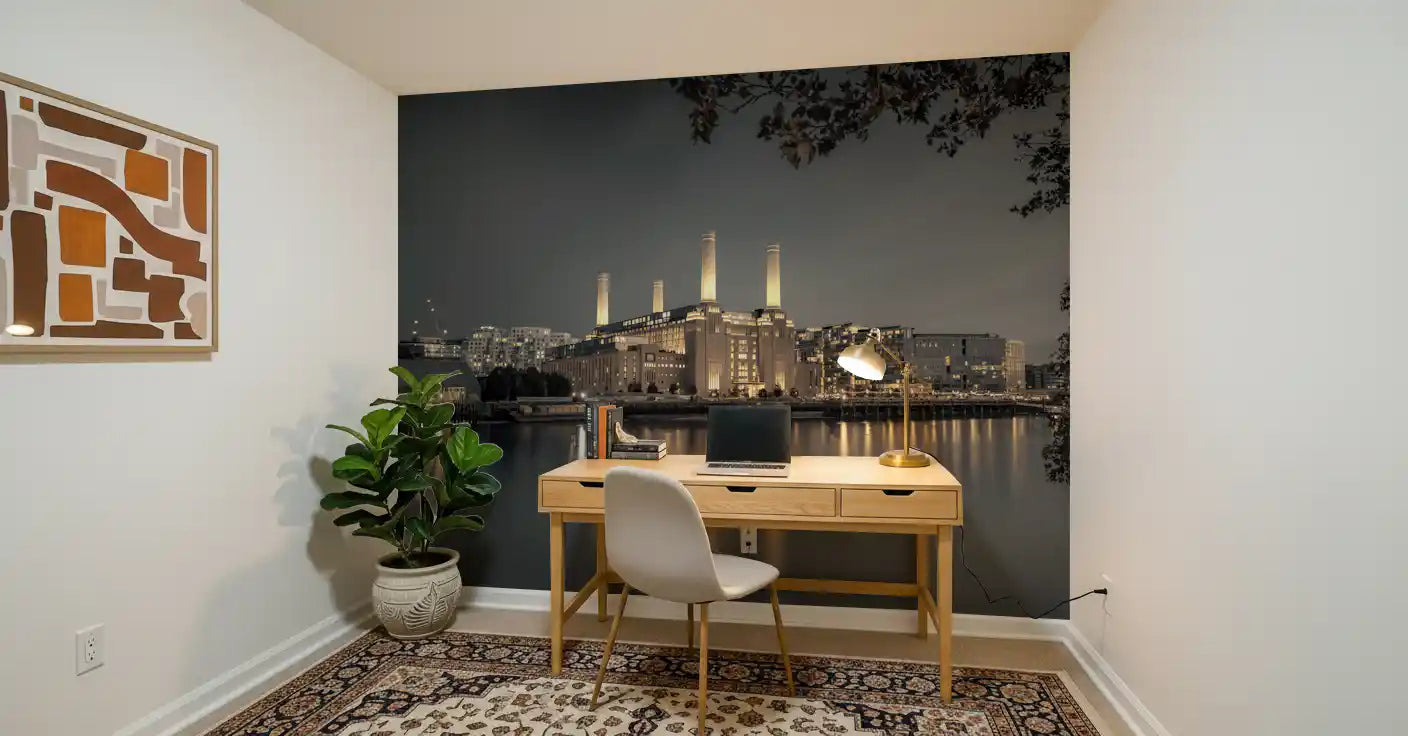 City landmark wall mural featuring warm evening illumination