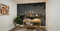 City landmark wall mural featuring warm evening illumination