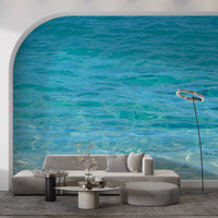 Peaceful blue wall mural with fluid aquatic design details