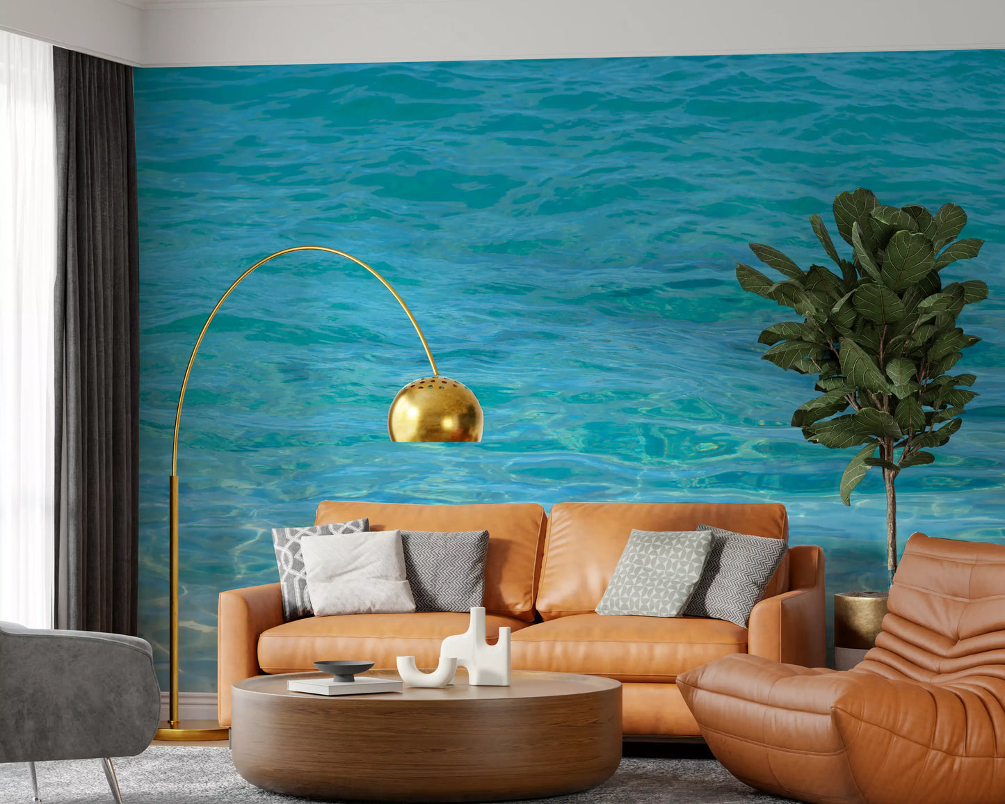 Calming aqua wall mural with layered waterlike textures