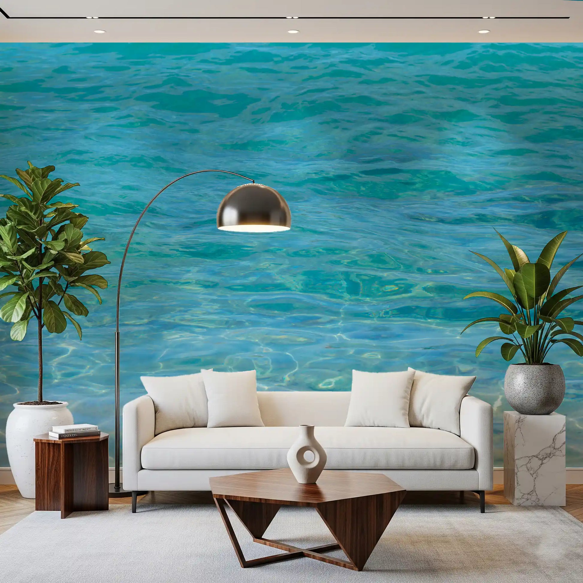 Water inspired wall mural featuring tranquil aqua blue shades