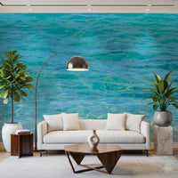 Water inspired wall mural featuring tranquil aqua blue shades