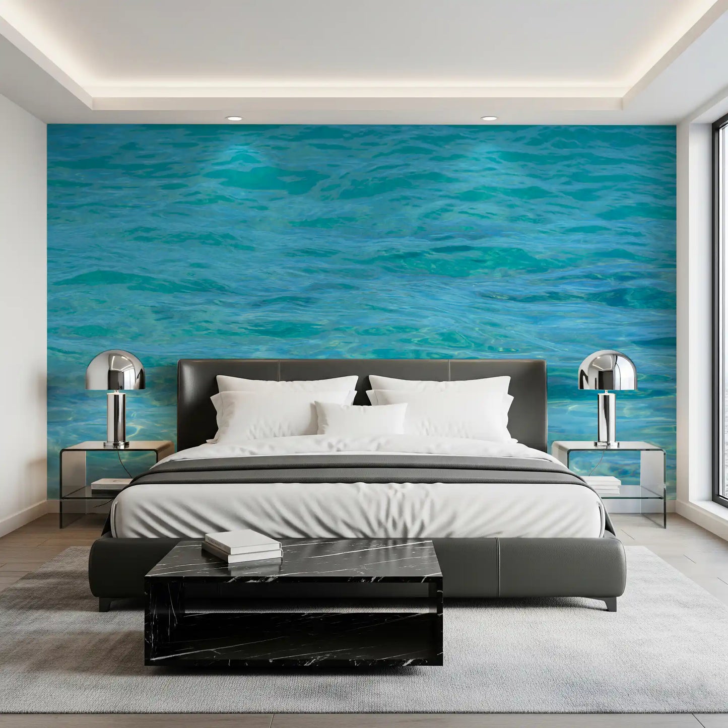 Blue water wall mural with gentle textures and peaceful scenery
