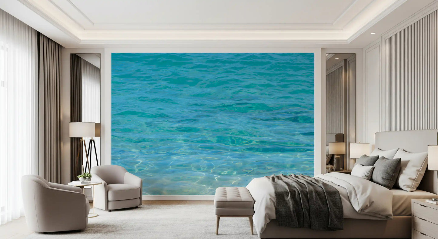 Soft aqua wall mural creating a relaxing coastal atmosphere