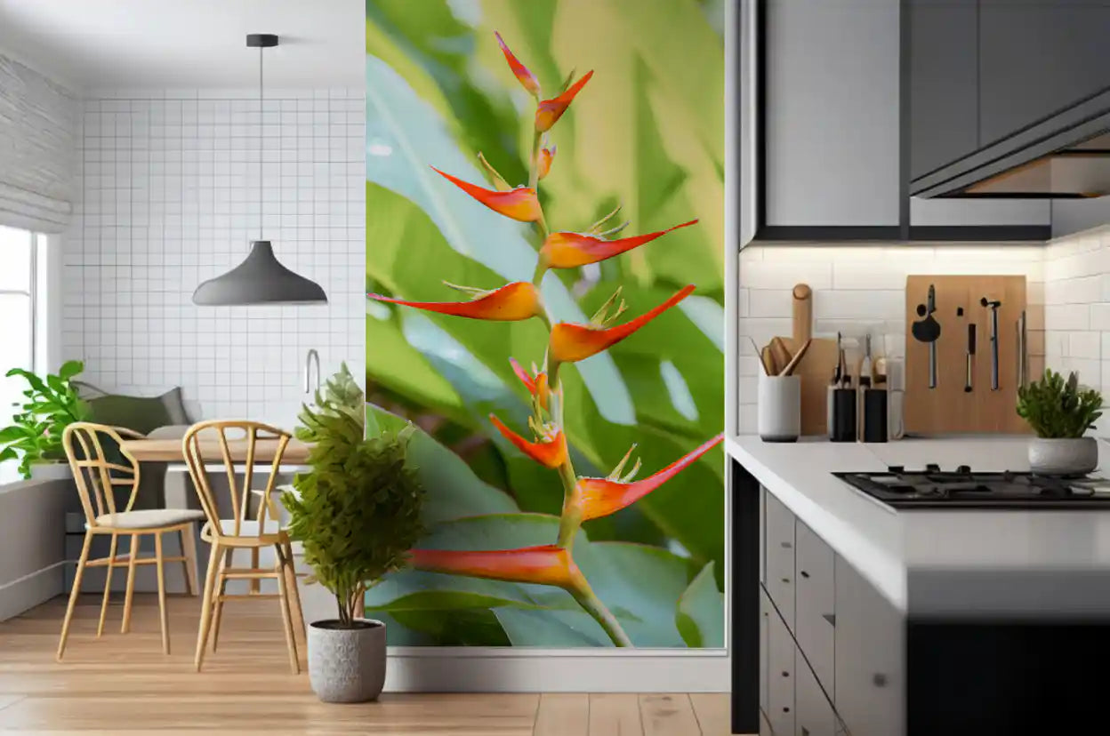 Heliconia wall mural showcasing bright exotic blooms and greenery