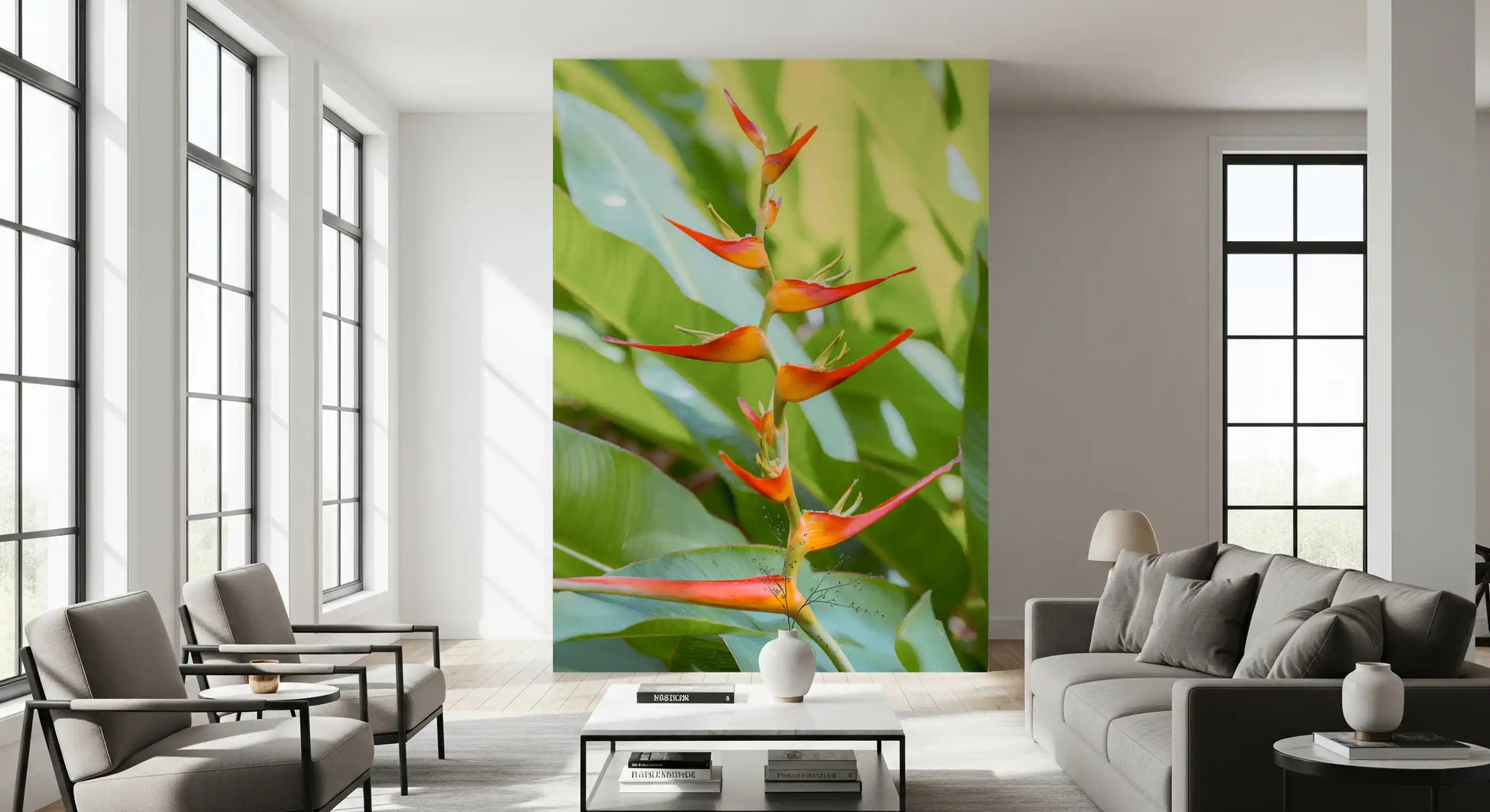 Lush tropical wall mural with vibrant heliconia blossoms