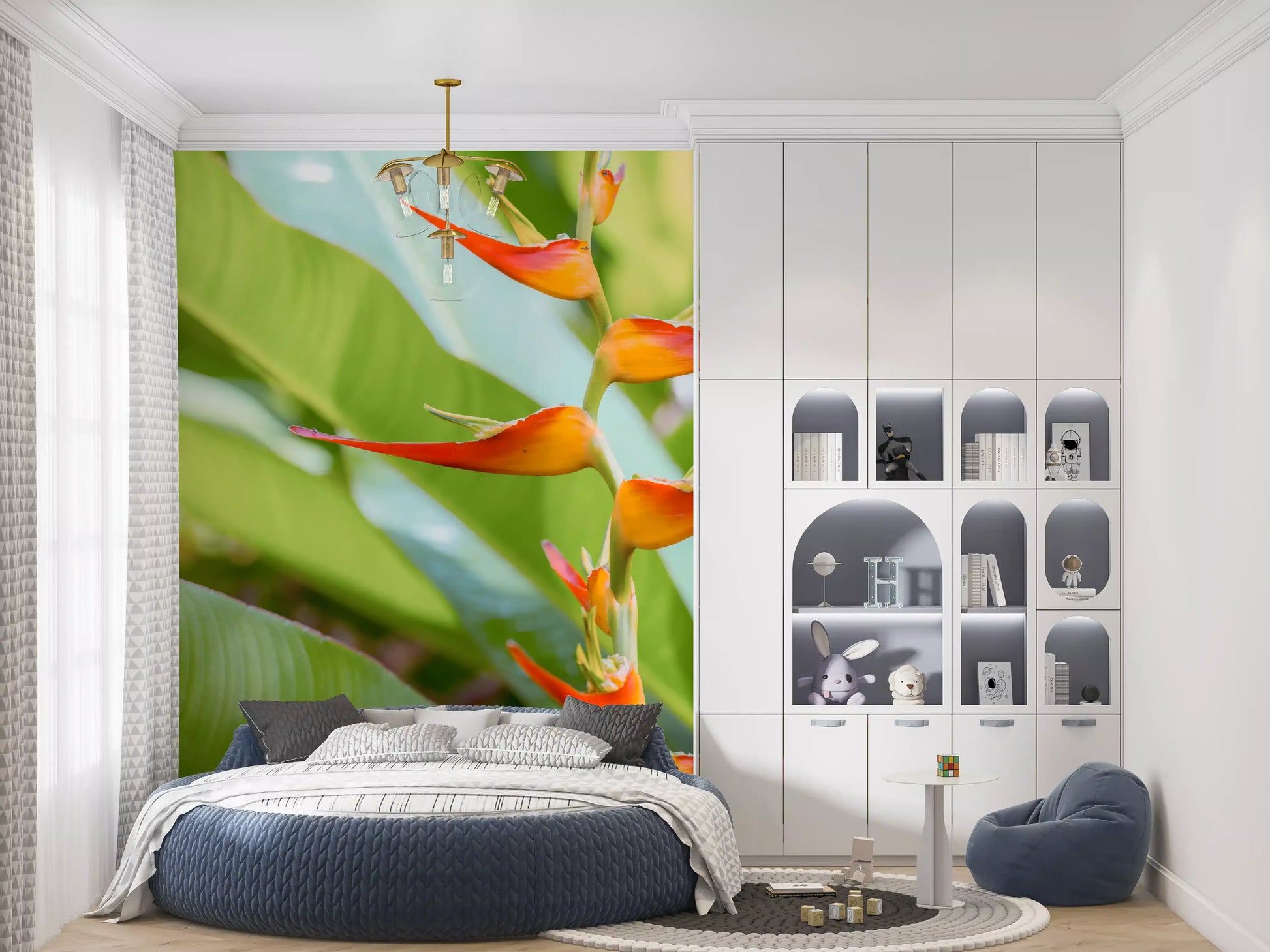 Botanical wall mural featuring vibrant heliconia flowers and leaves