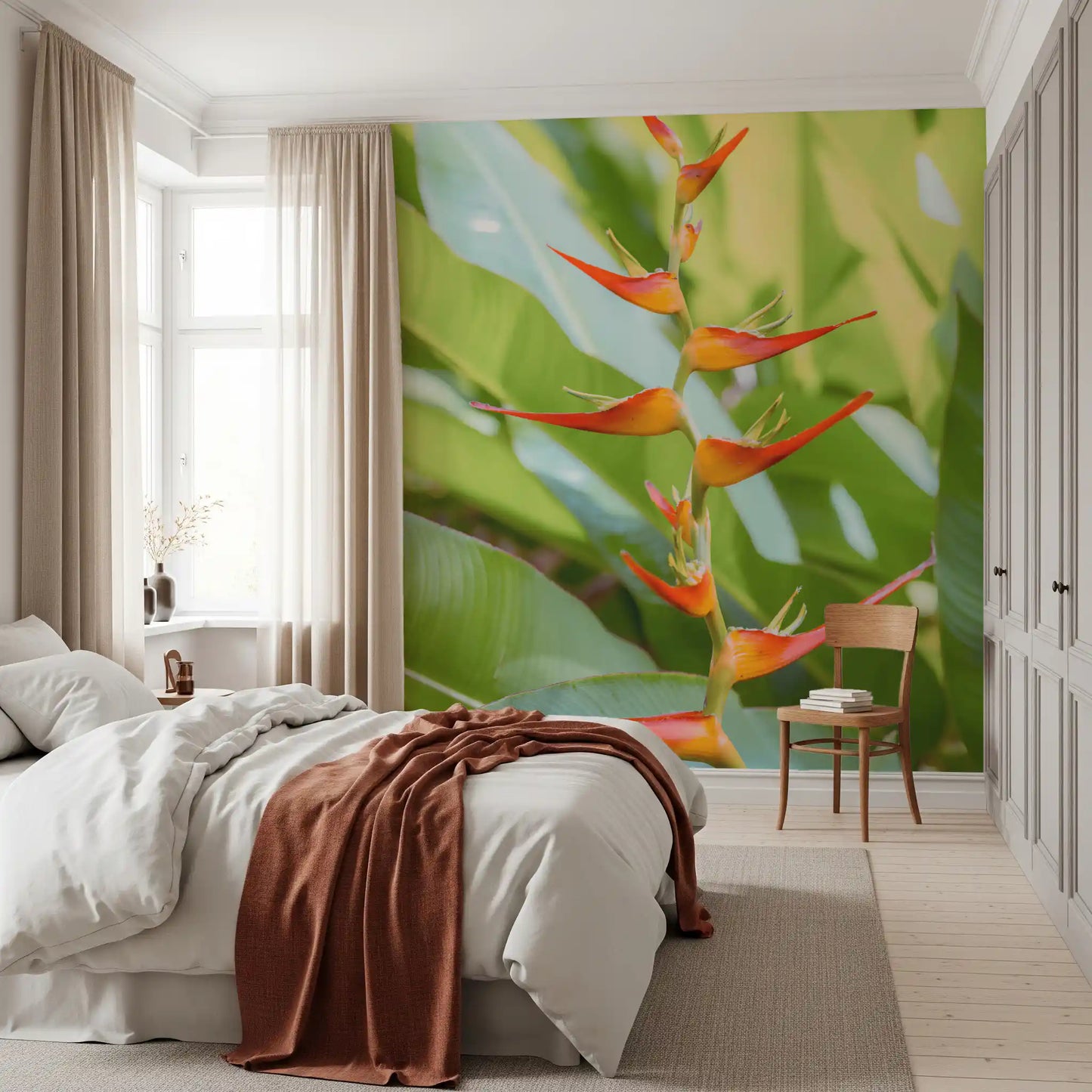 Colourful tropical flower wall mural with lush green foliage