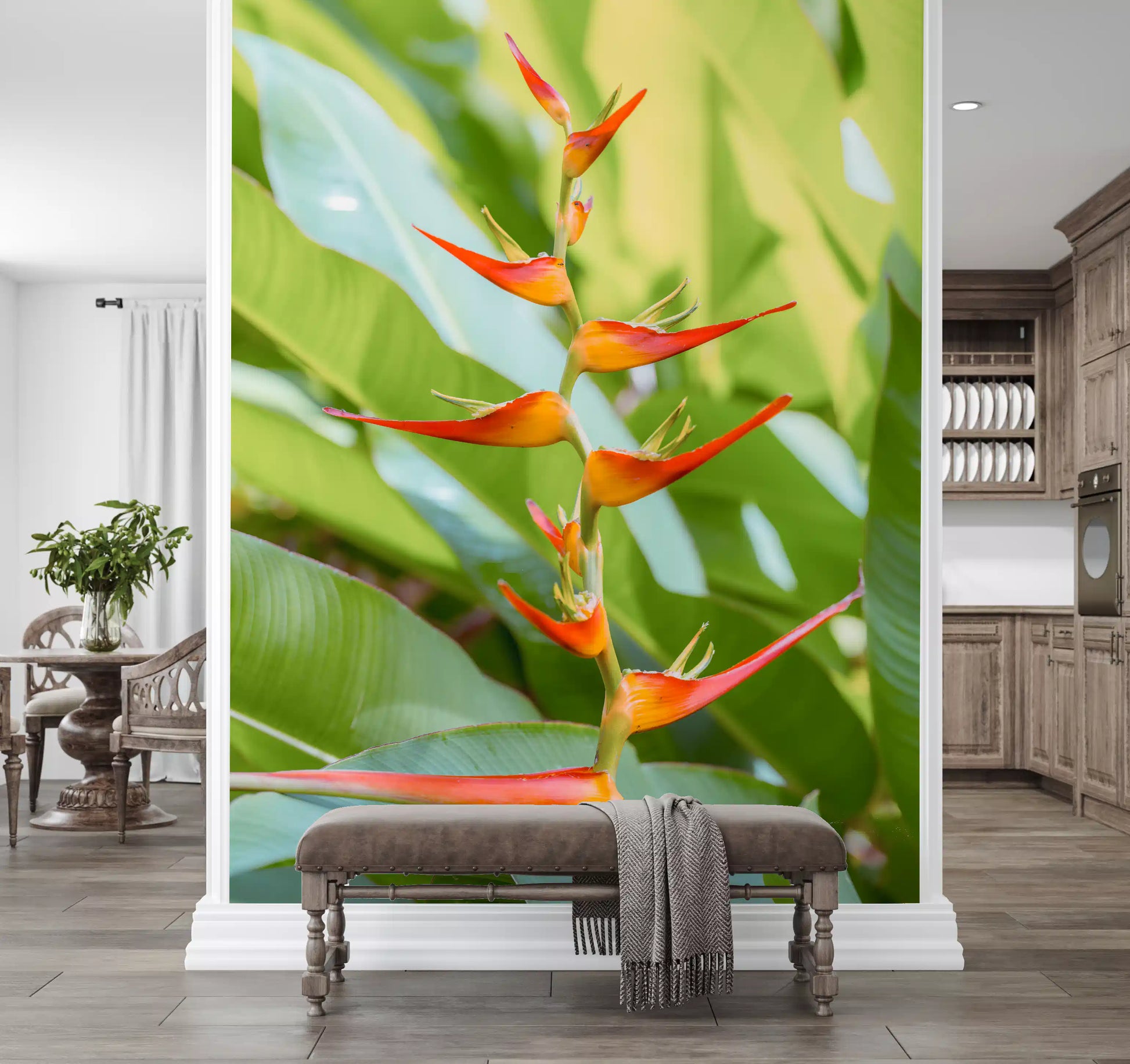 Exotic flower wall mural featuring red heliconias and foliage