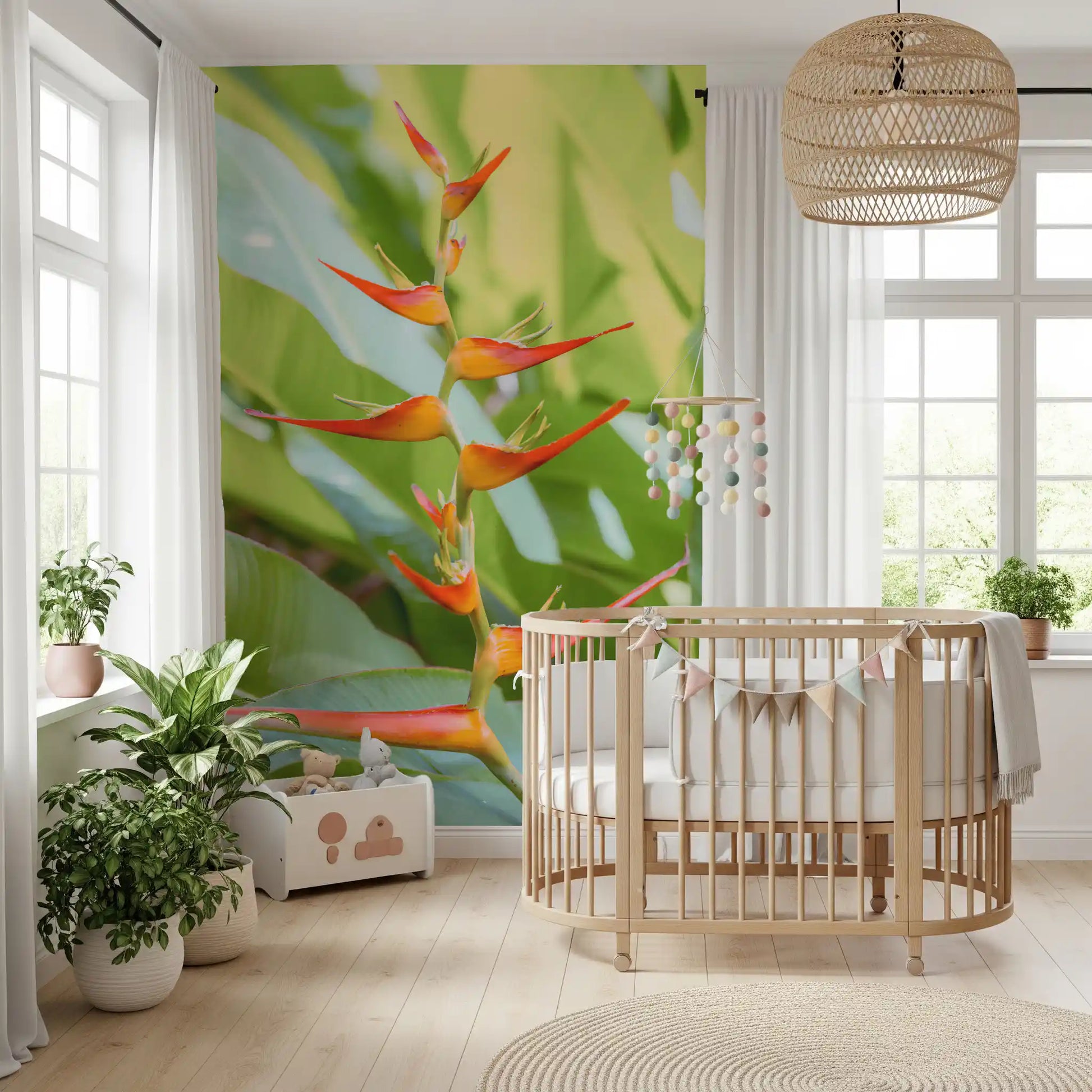 Heliconia bloom wall mural featuring layered tropical foliage