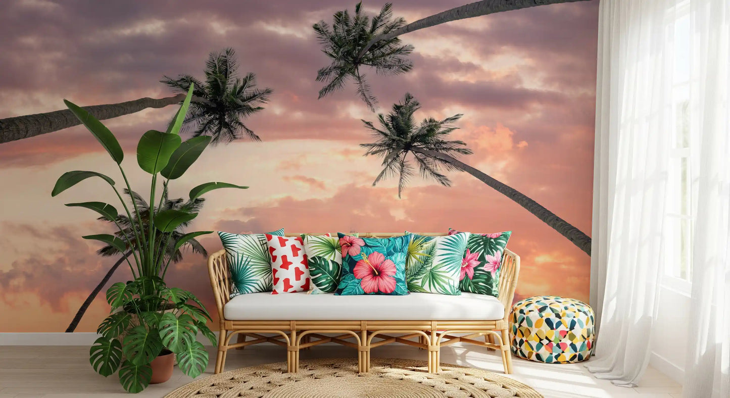 Palm canopy wall mural featuring soft peach and amber skies