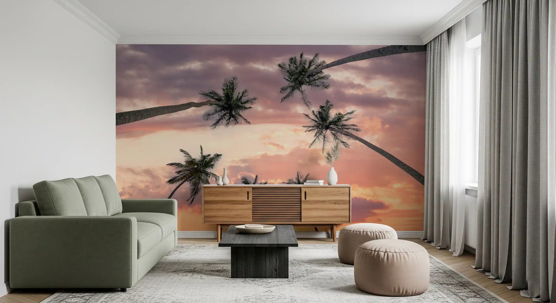 Tropical evening wall mural with palms and warm horizon hues