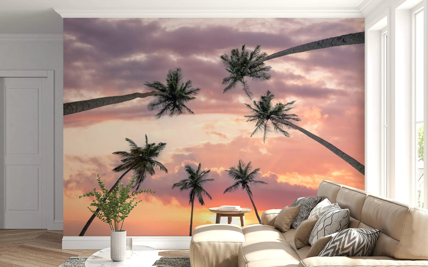 Palm frond wall mural featuring glowing evening sky colours