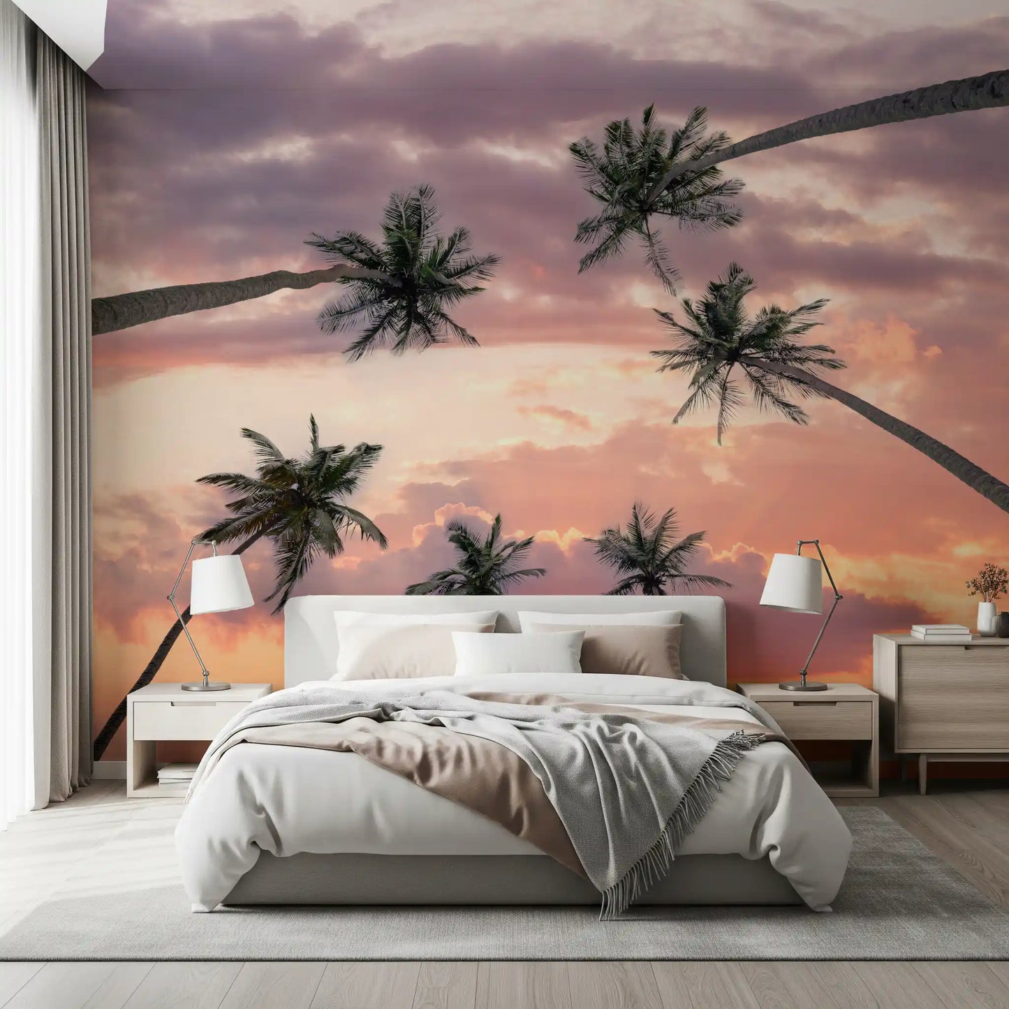 Sunset wall mural with layered palm fronds and golden skies