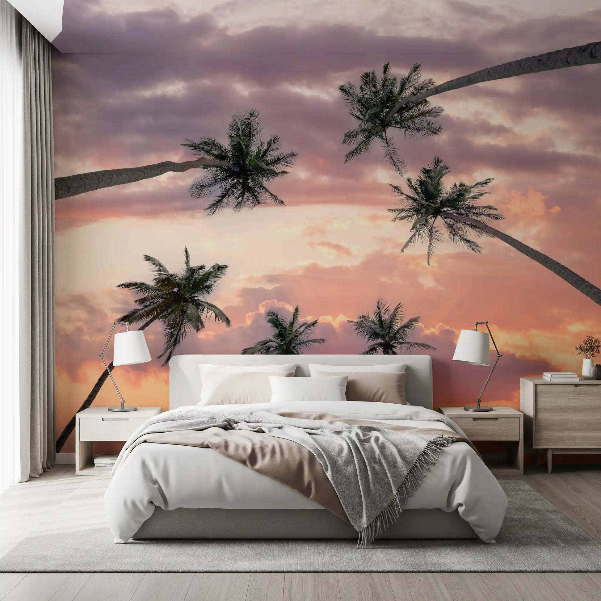 Sunset wall mural with layered palm fronds and golden skies