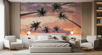Tropical palm tree wall mural featuring glowing sunset tones