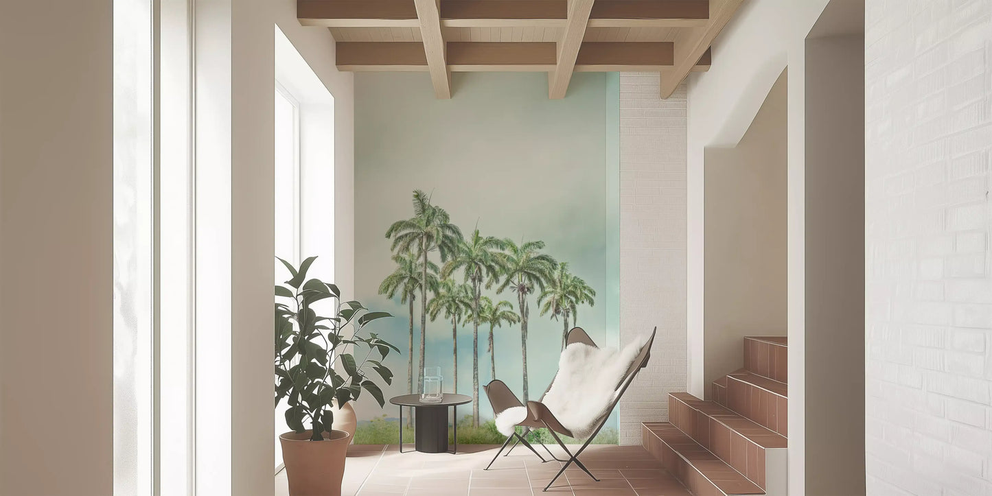 Tropical landscape wall mural with calm shore and palm trees
