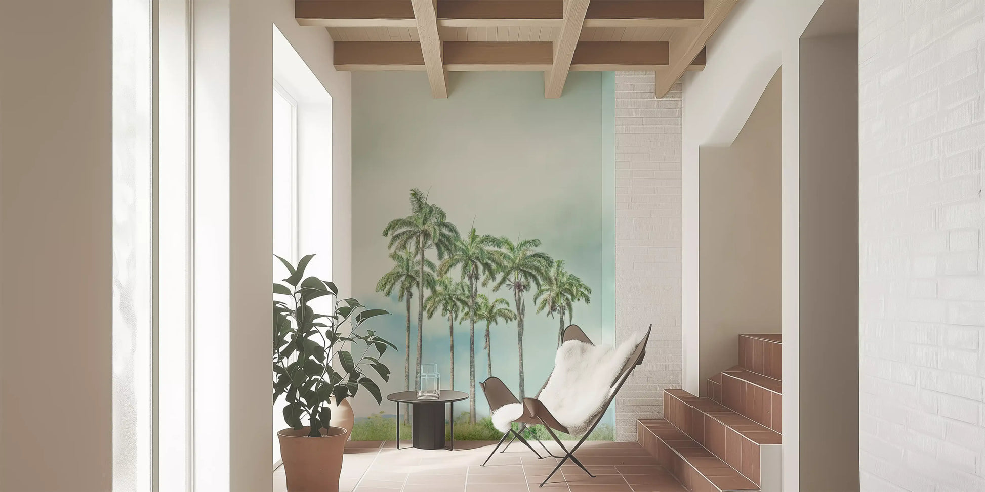 Tropical landscape wall mural with calm shore and palm trees
