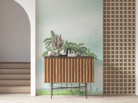 Coastal horizon wall mural with gentle ocean and greenery