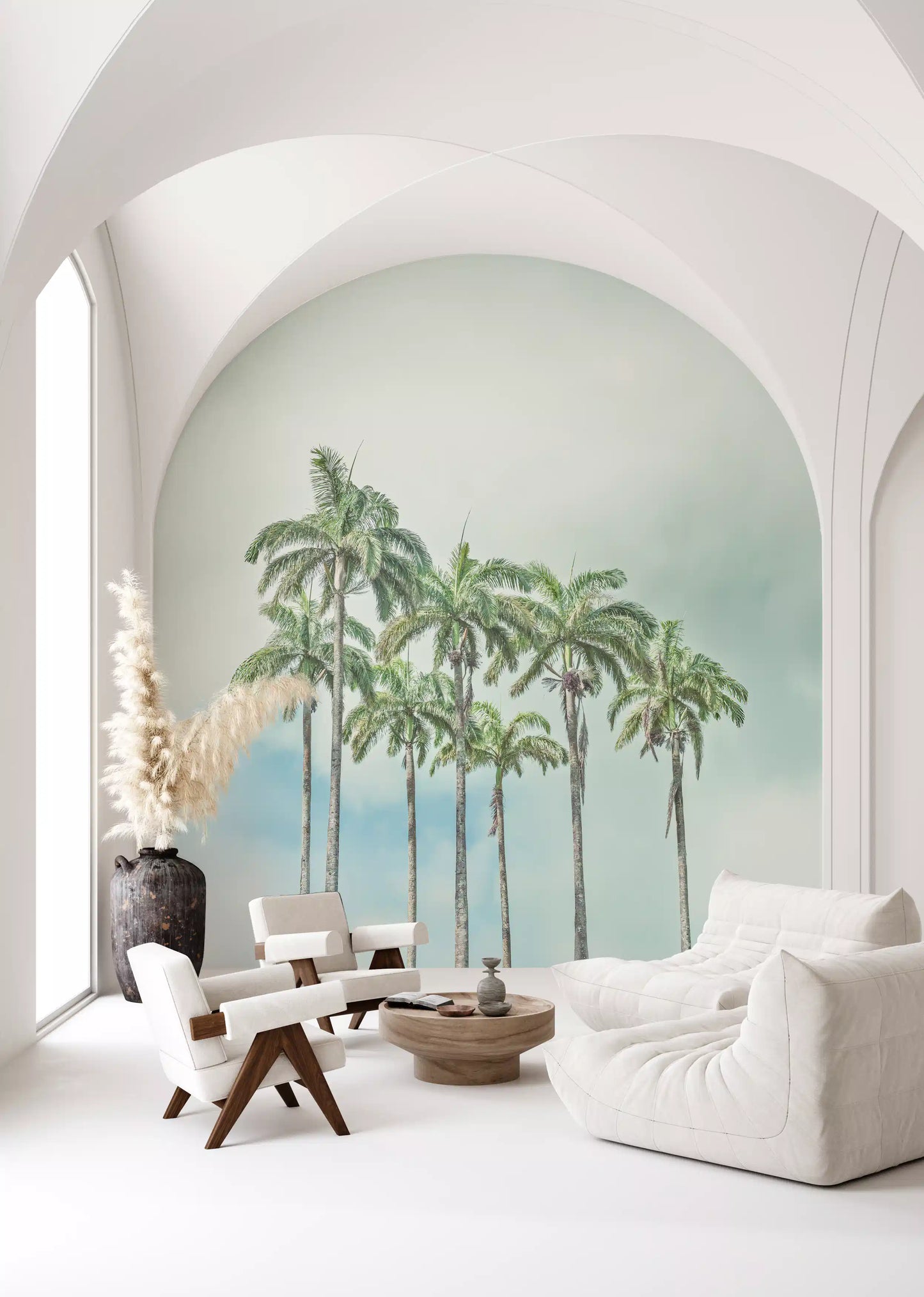 Tropical beach wall mural with palms and distant horizon