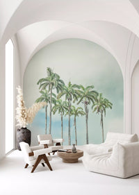 Tropical beach wall mural with palms and distant horizon