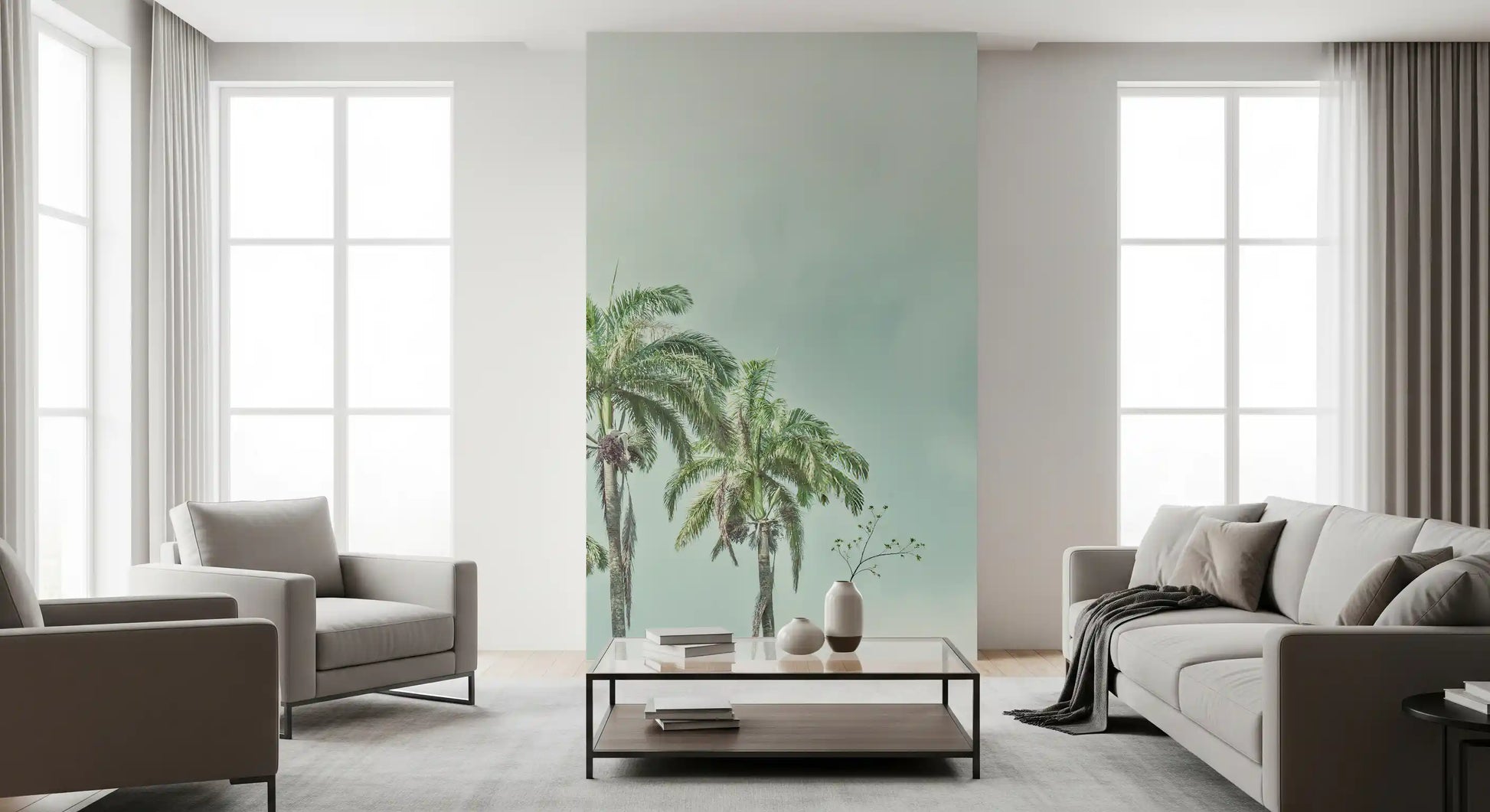 Coastal palm tree wall mural featuring peaceful ocean views