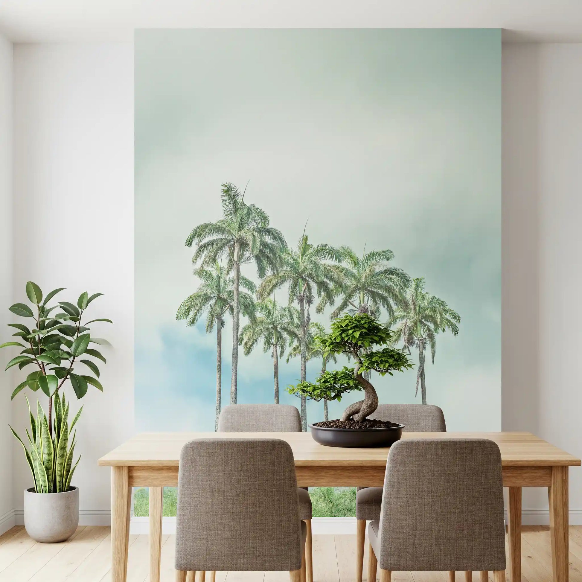Oceanfront wall mural featuring tropical palms and blue horizon
