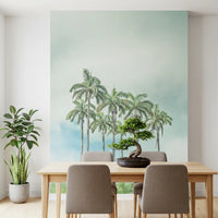 Oceanfront wall mural featuring tropical palms and blue horizon