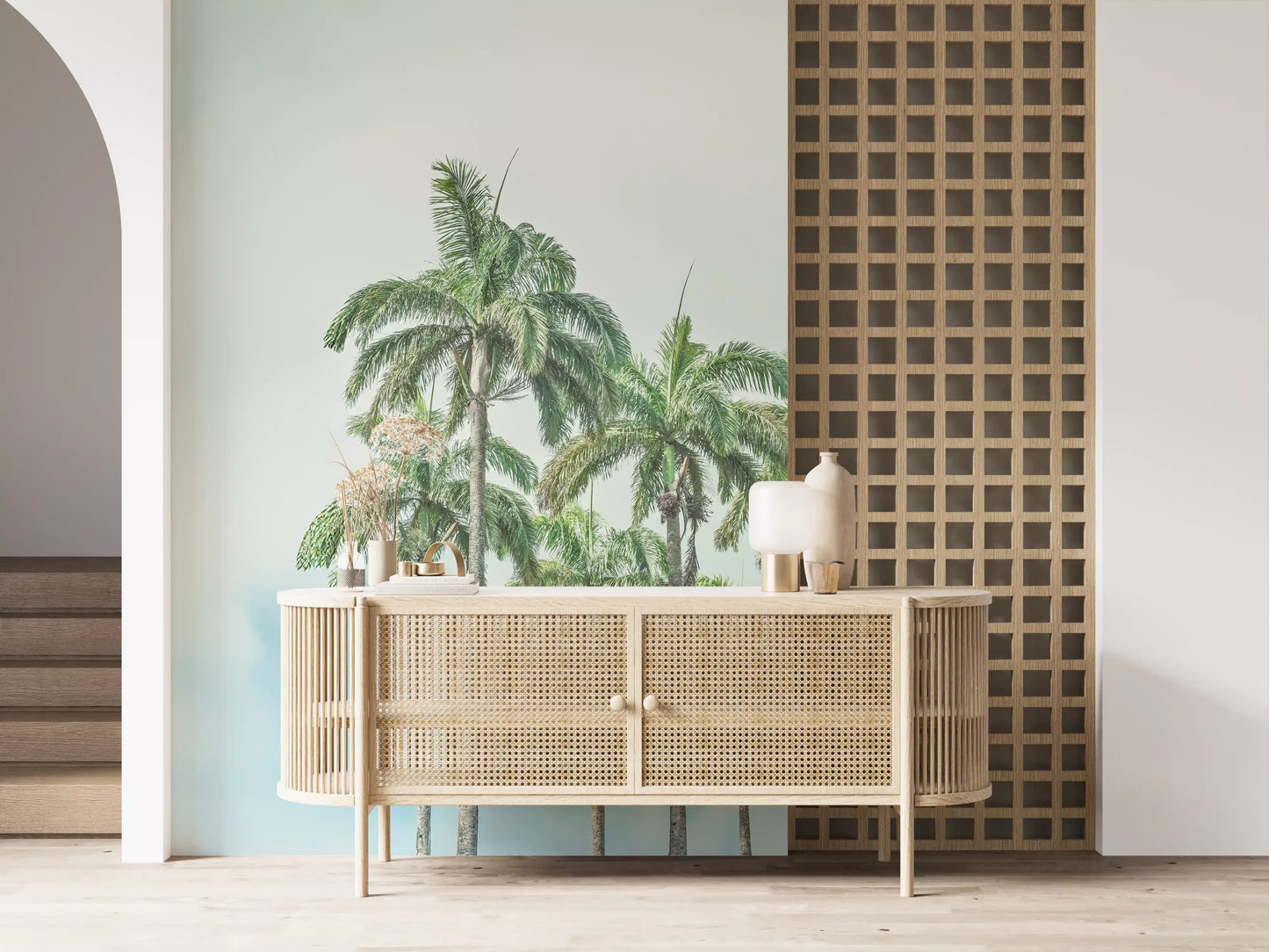 Seaside wall mural featuring tranquil palms and open skies