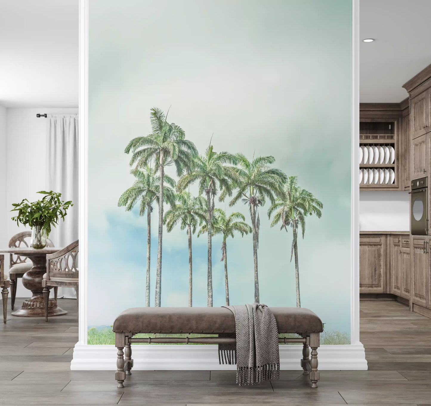 Relaxing beach wall mural with palms and coastal waters