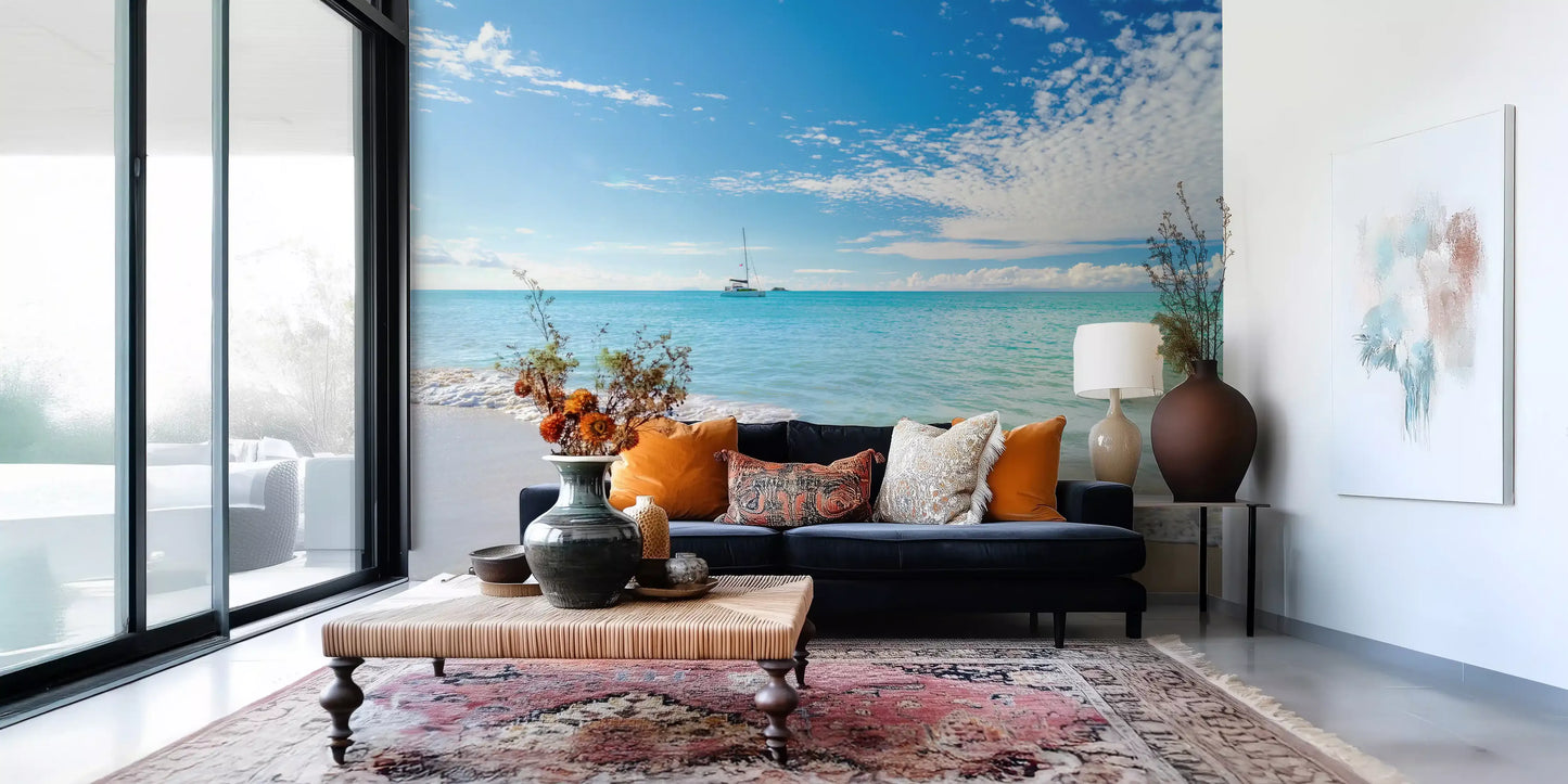 Tropical beach wall mural with clear water and sandy coast