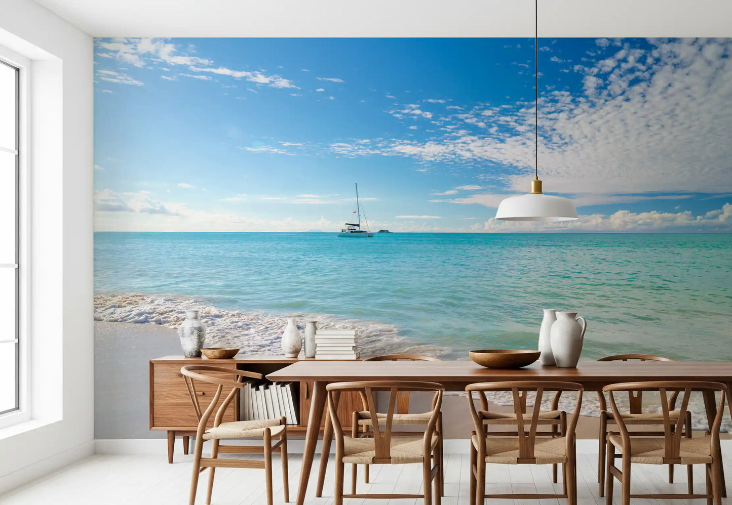 Beachfront wall mural featuring tranquil coastal water views