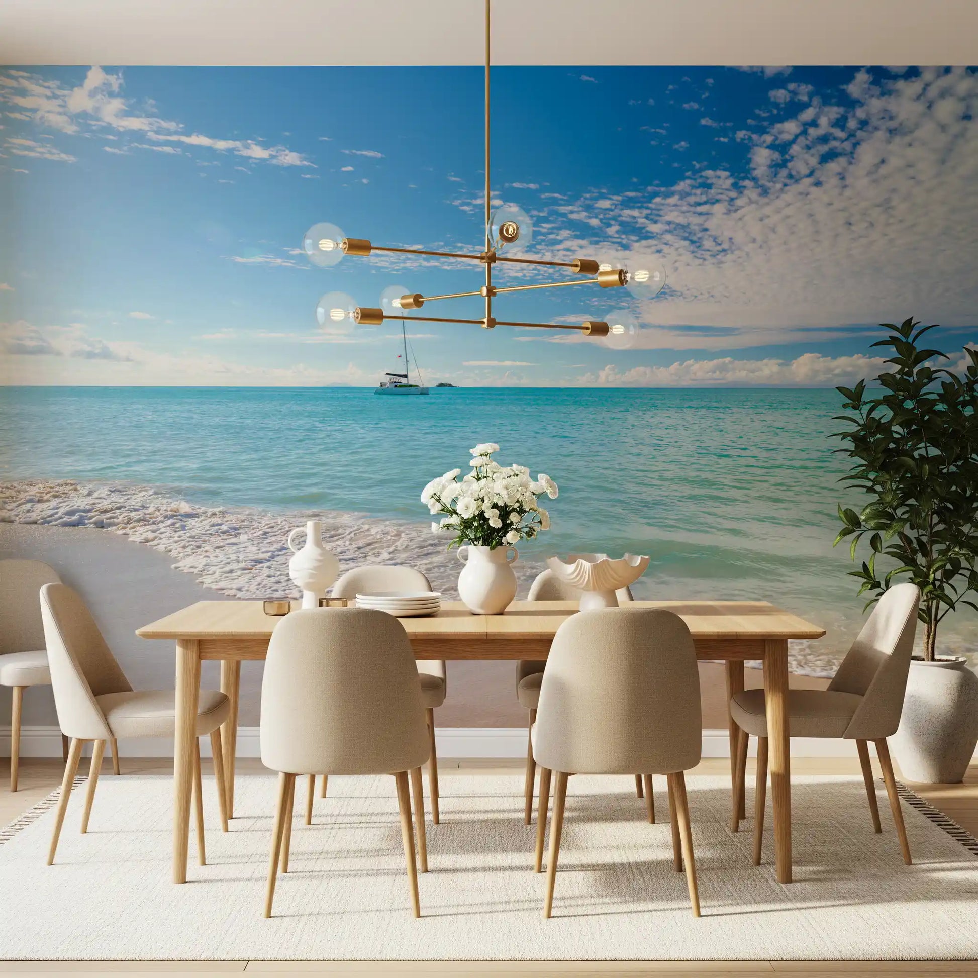 Coastal beach wall mural featuring calm shoreline scenery