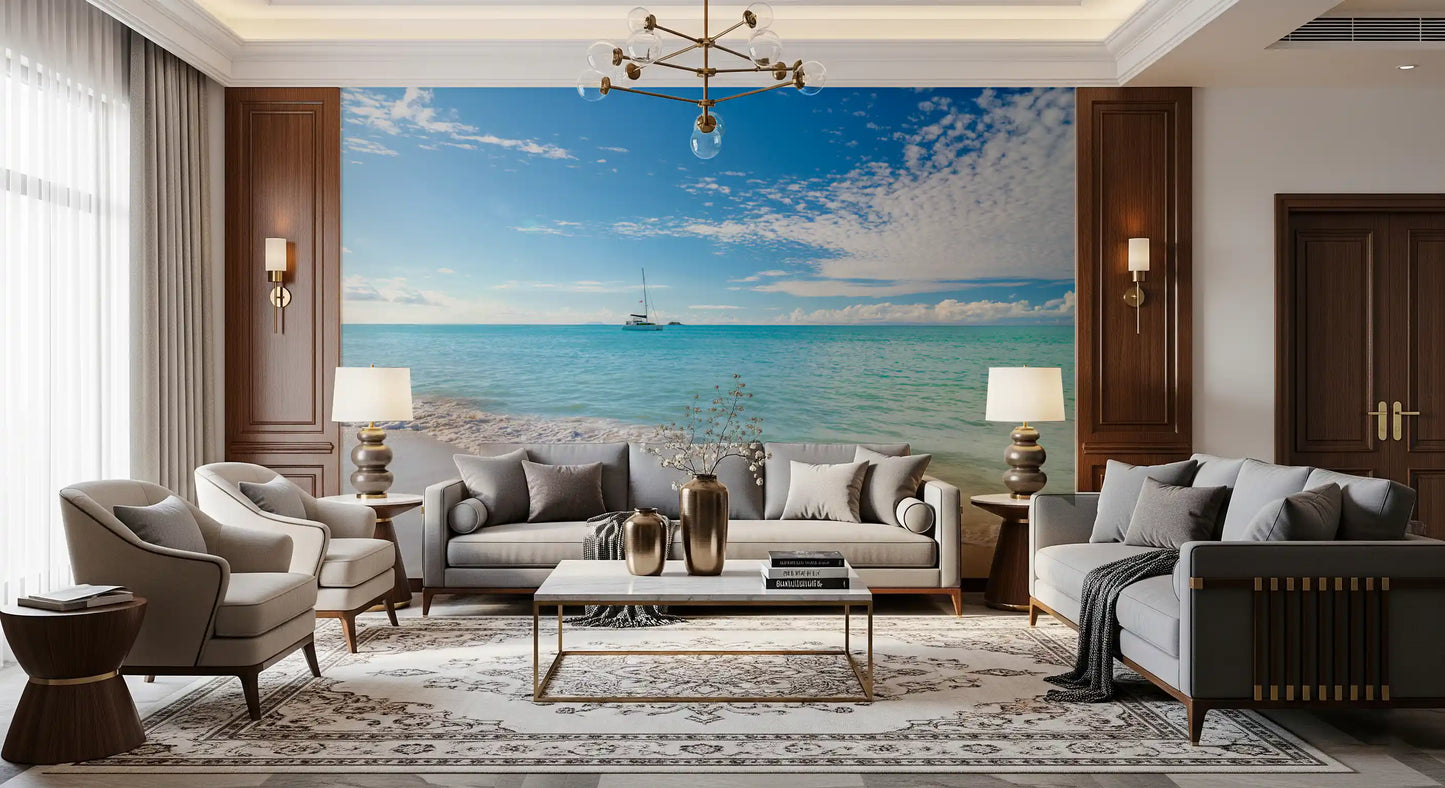 Sandy shoreline wall mural with turquoise sea and soft skies