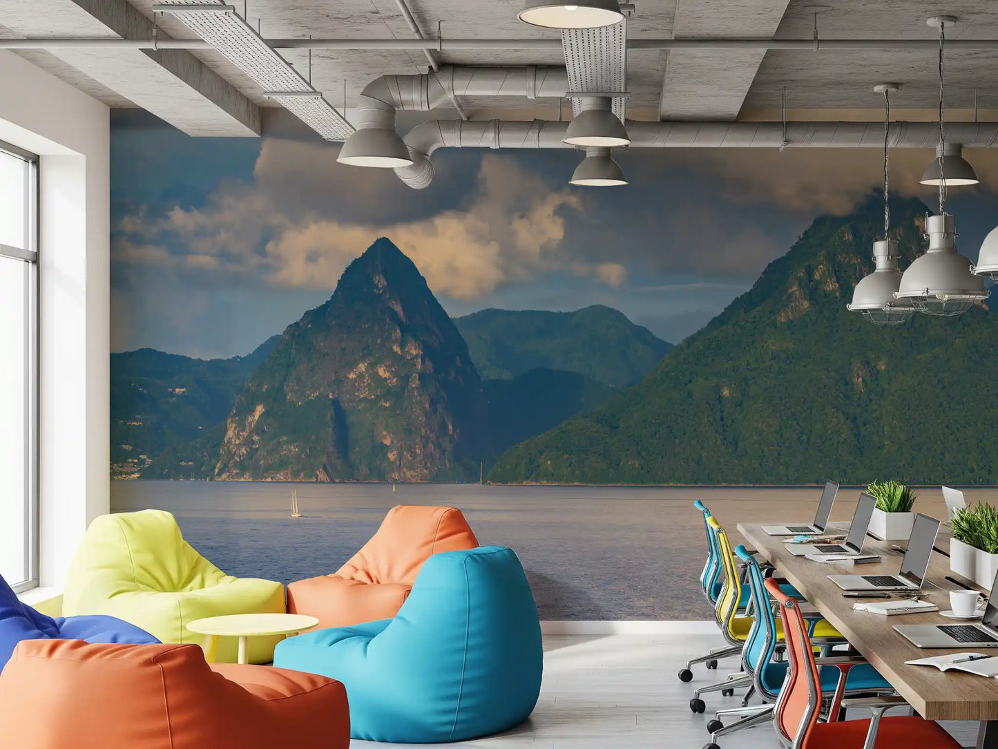 Caribbean coastal wall mural with emerald hills and ocean