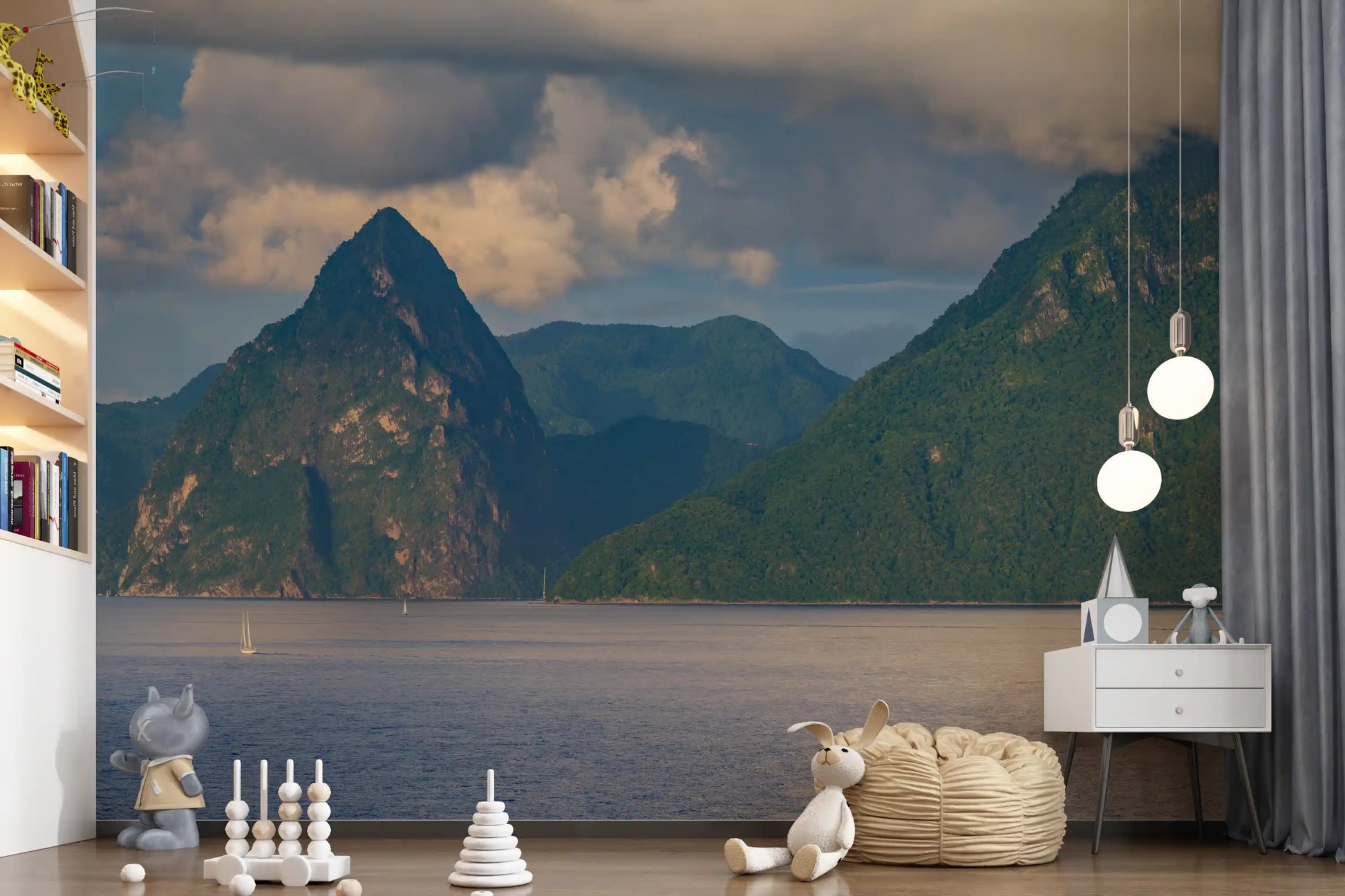 Mountain and ocean wall mural with tropical island landscape
