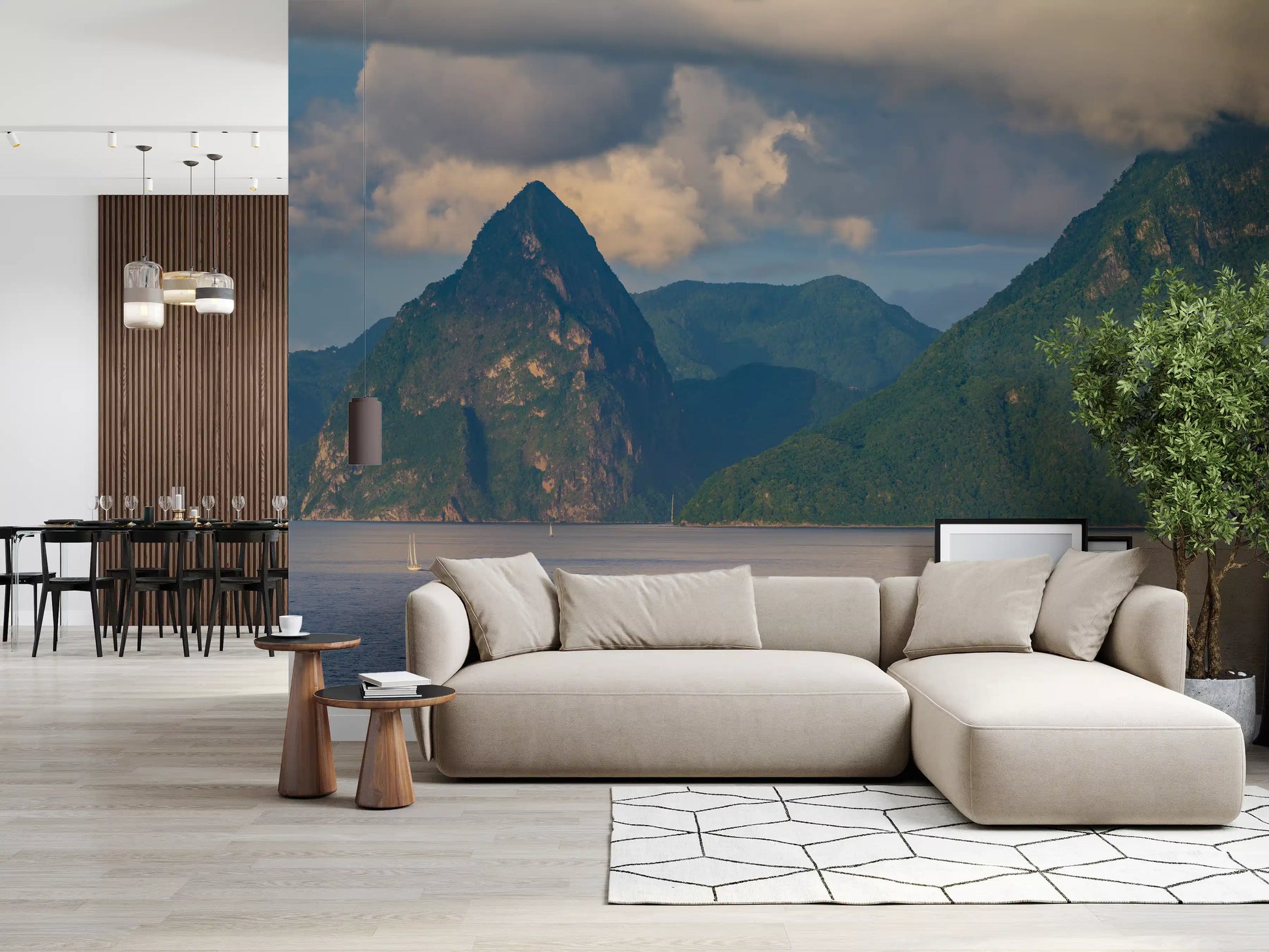 Caribbean scenery wall mural with iconic Pitons and shoreline