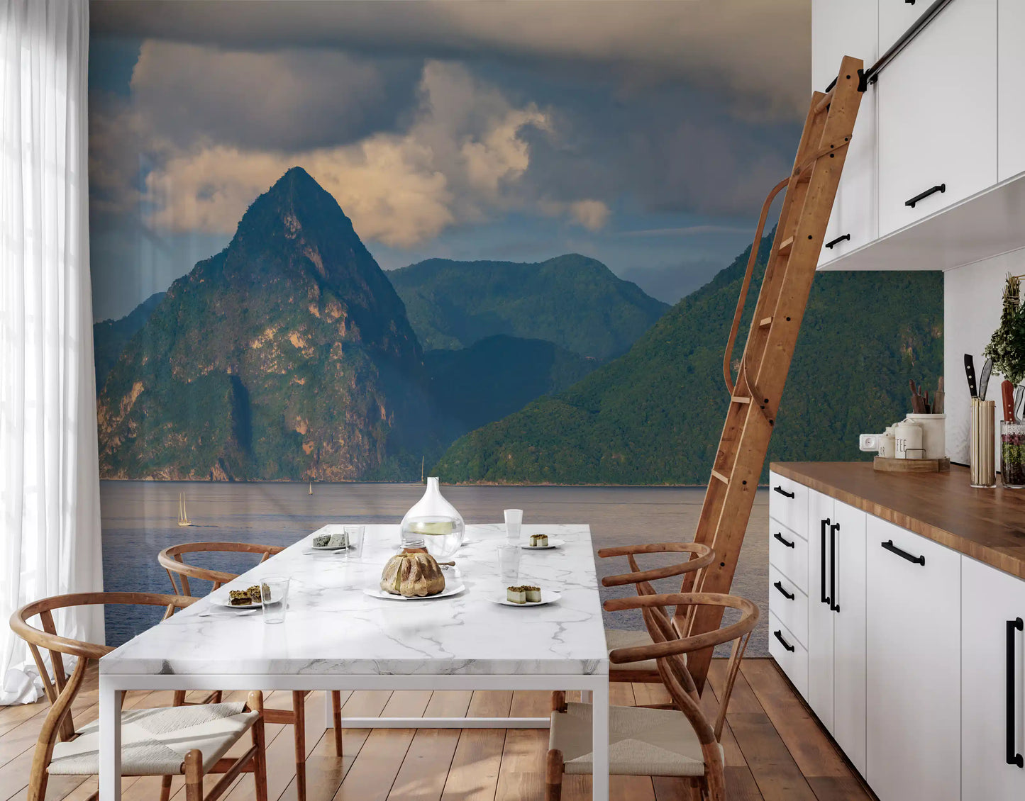 Tropical beach wall mural with Caribbean mountain backdrop