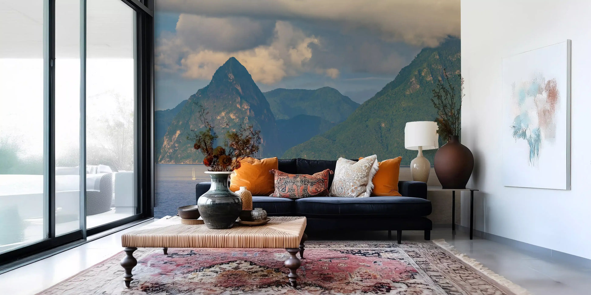 Coastal wall mural featuring lush green peaks and blue waters