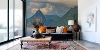 Coastal wall mural featuring lush green peaks and blue waters