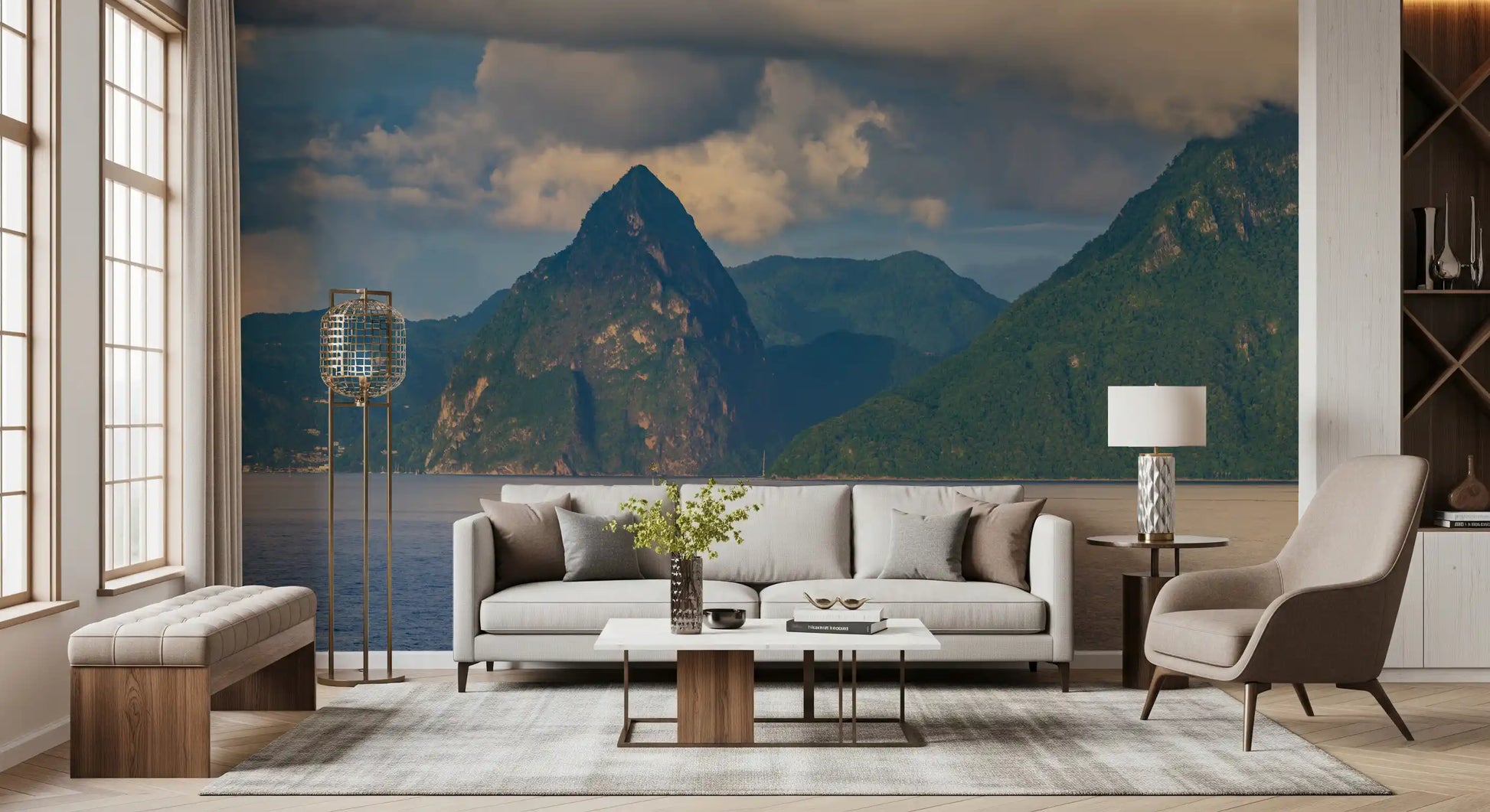 Island landscape wall mural featuring lush Pitons peaks