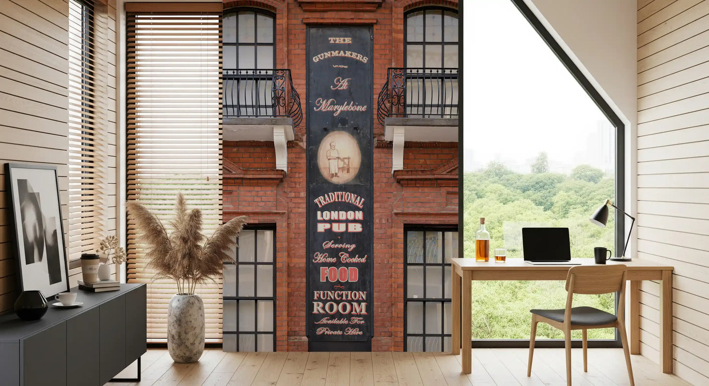 London streetscape wall mural with classic pub building facade