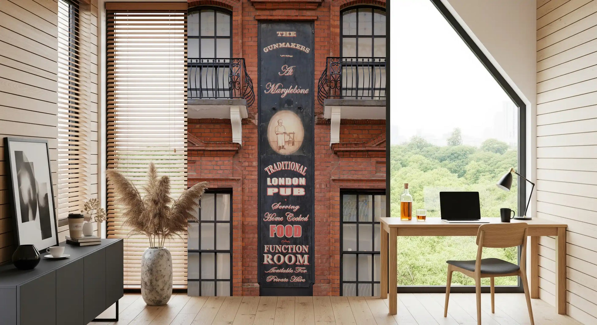 London streetscape wall mural with classic pub building facade