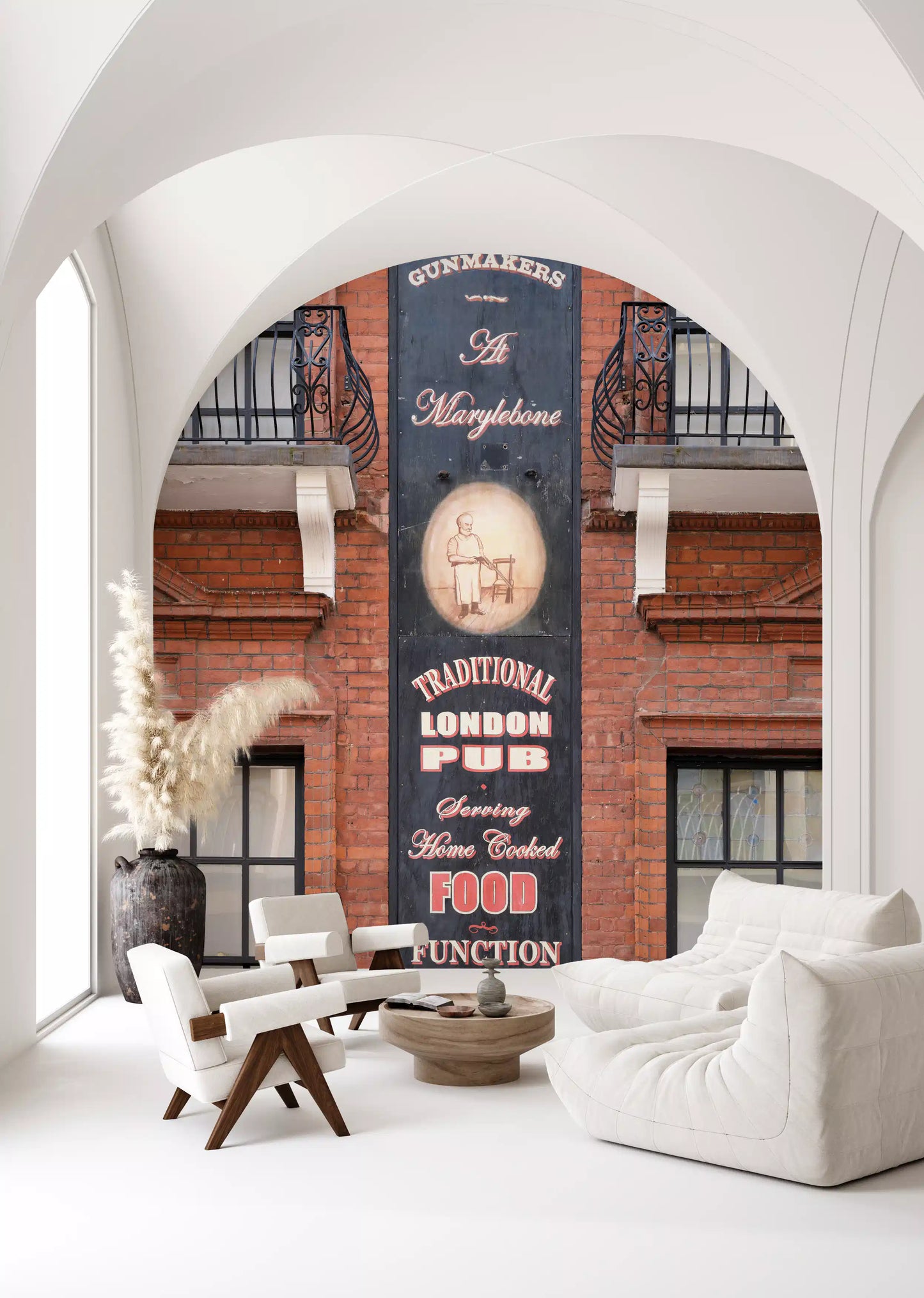 Pub frontage wall mural with detailed windows and brick textures