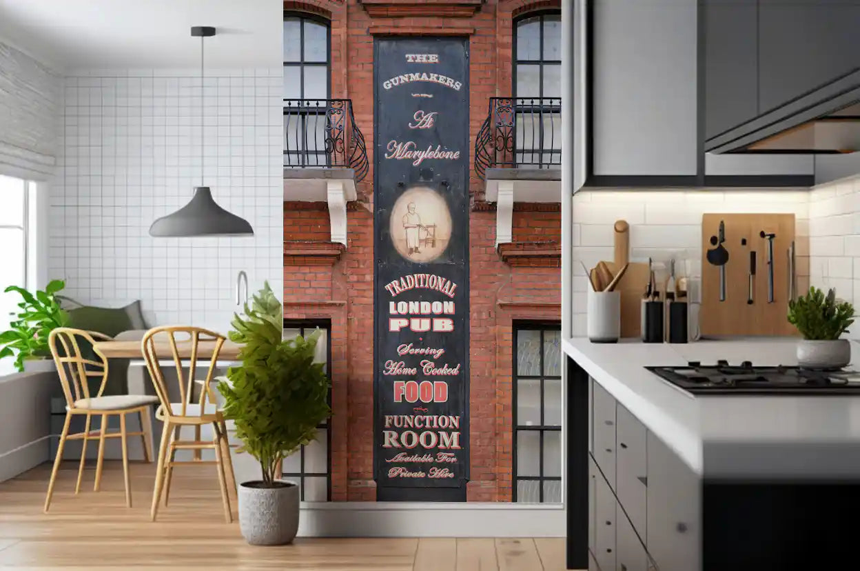 Historic London wall mural with charming pub exterior details